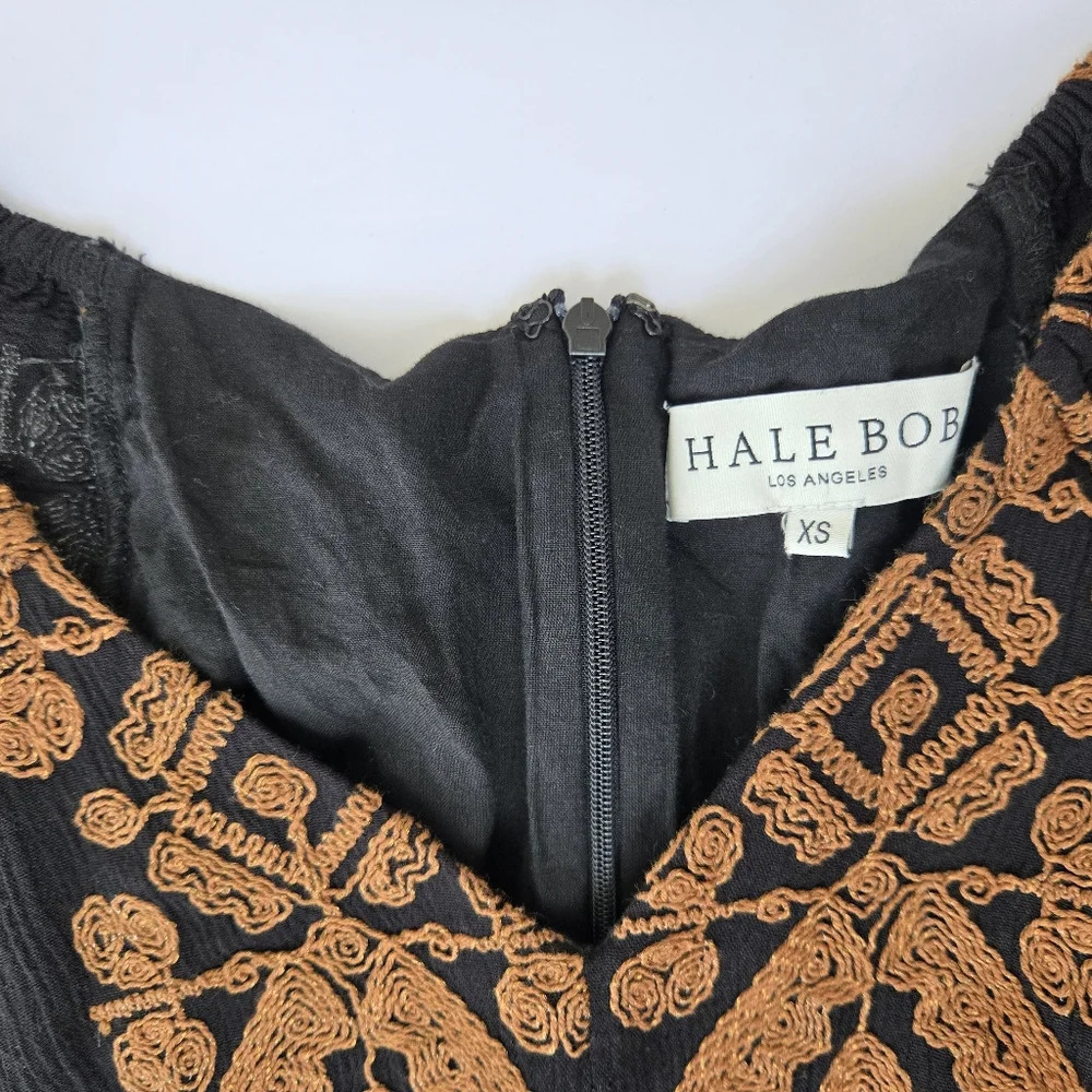 Hale Bob Black Mini Dress with Brown Embroidery -Size XS -100% Rayon - Picture 3 of 8